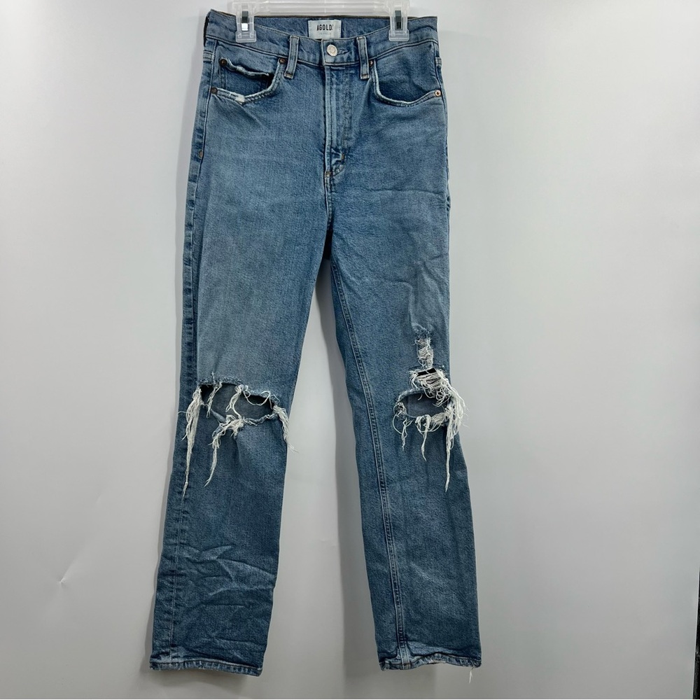 AGOLDE Wilder Jeans 25 Whiplash Distressed Mid Rise Straight Leg Raw Hem